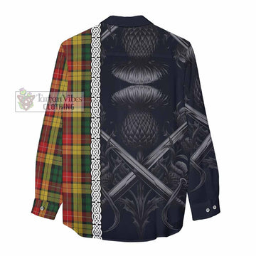 Buchanan Tartan Women's Casual Shirt with Family Crest Cross Sword Thistle Celtic Vibes