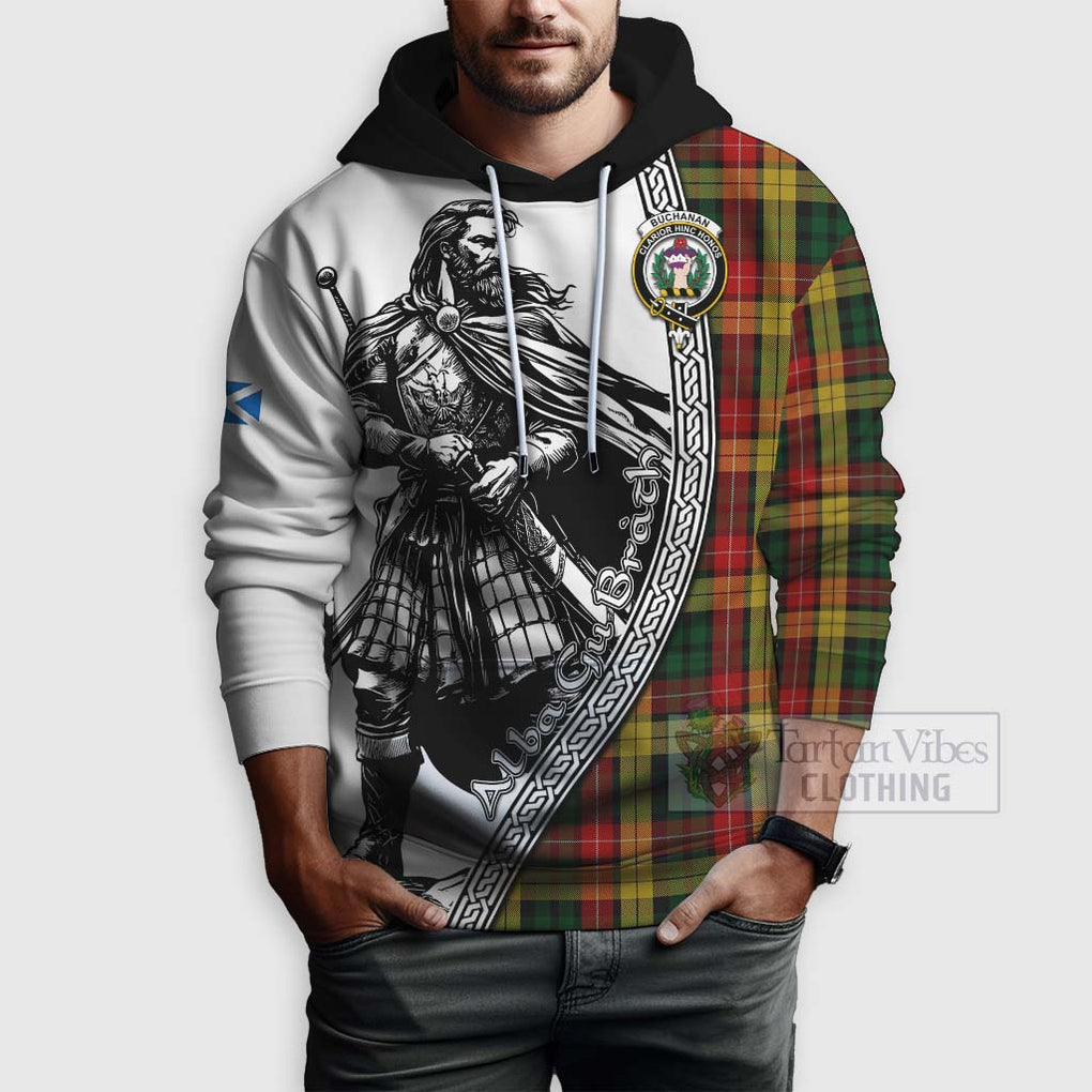 Tartan Vibes Clothing Buchanan Tartan Clan Crest Hoodie with Highlander Warrior Celtic Style