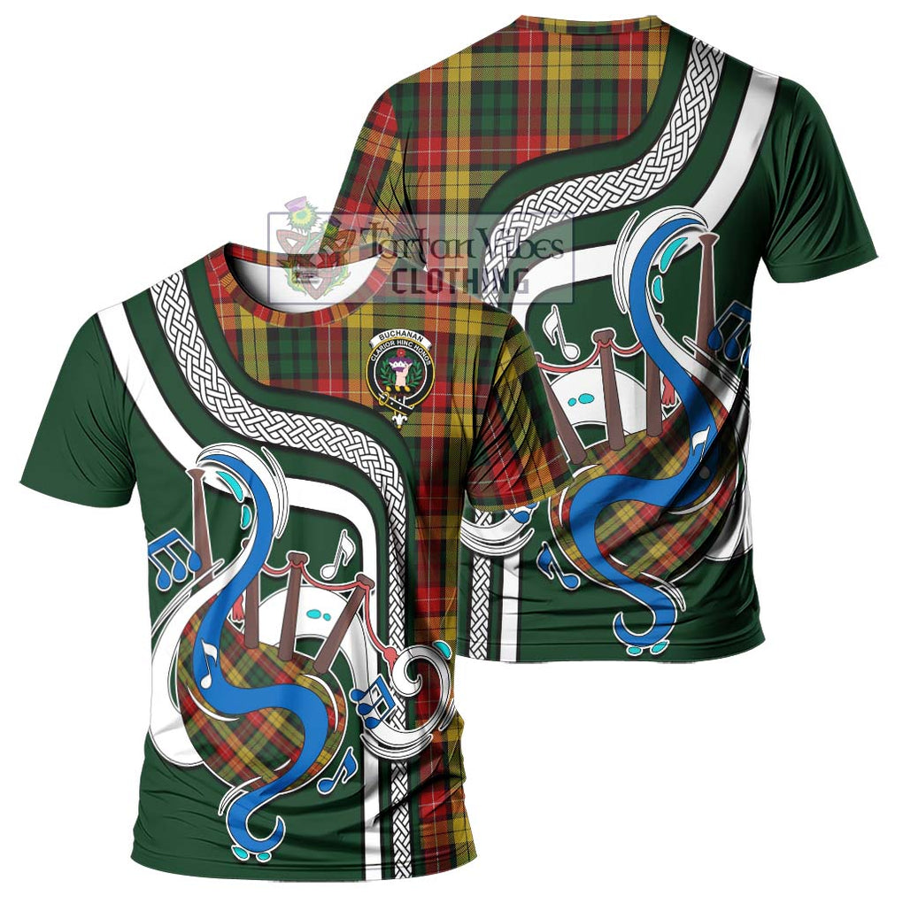 Buchanan Tartan T-Shirt with Epic Bagpipe Style - Tartanvibesclothing Shop