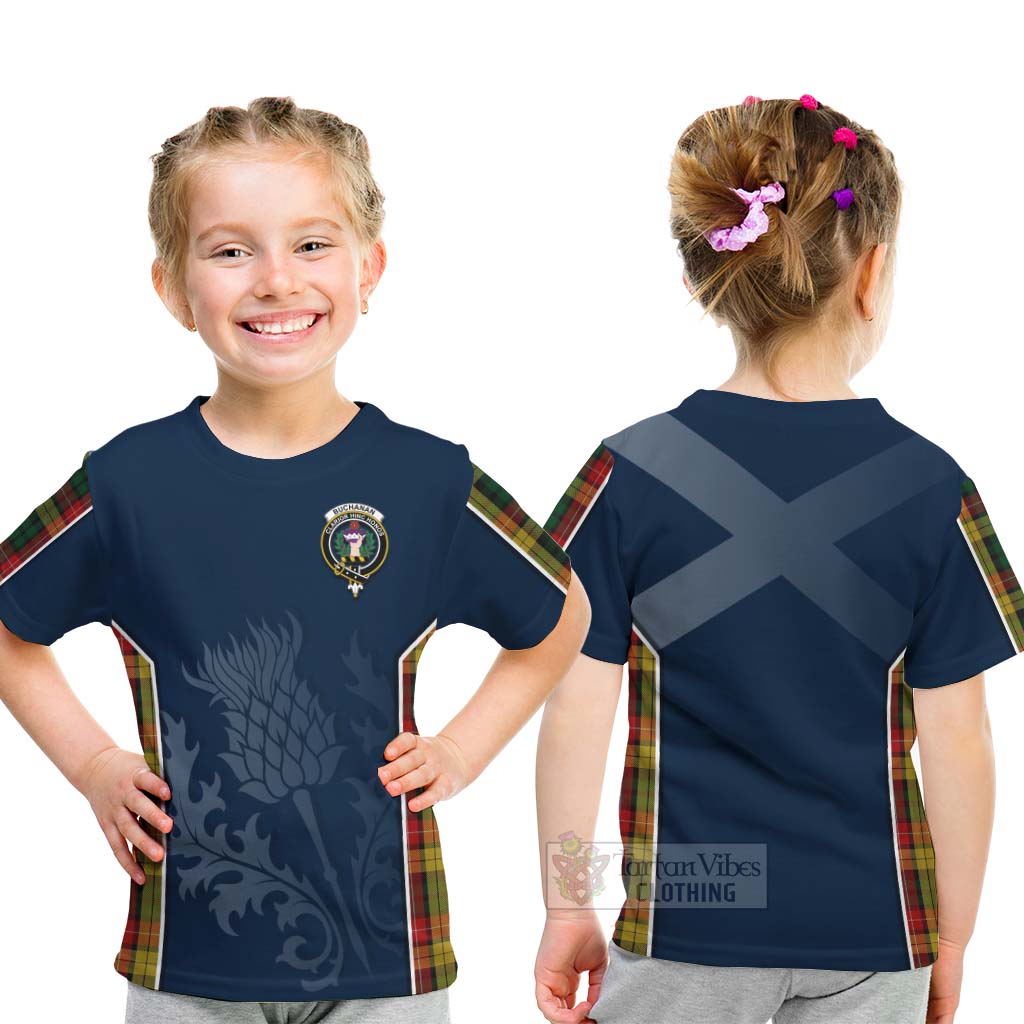 Tartan Vibes Clothing Buchanan Tartan Kid T-Shirt with Family Crest and Scottish Thistle Vibes Sport Style