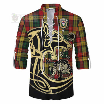 Buchanan Tartan Ghillie Kilt Shirt with Family Crest Celtic Wolf Style