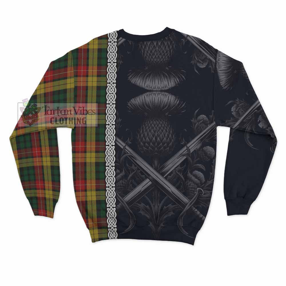 Tartan Vibes Clothing Buchanan Tartan Sweatshirt with Family Crest Cross Sword Thistle Celtic Vibes