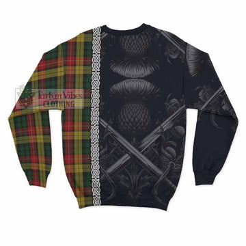 Buchanan Tartan Sweatshirt with Family Crest Cross Sword Thistle Celtic Vibes