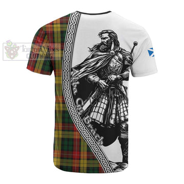 Buchanan Tartan Clan Crest Cotton T-shirt with Highlander Warrior Celtic Style