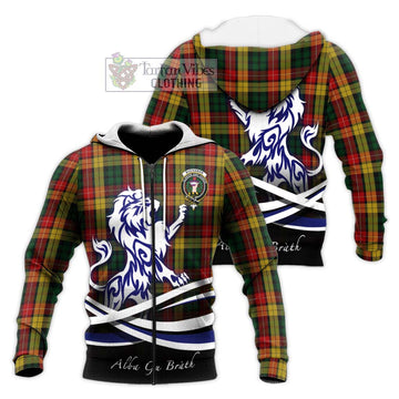 Buchanan Tartan Knitted Hoodie with Alba Gu Brath Regal Lion Emblem