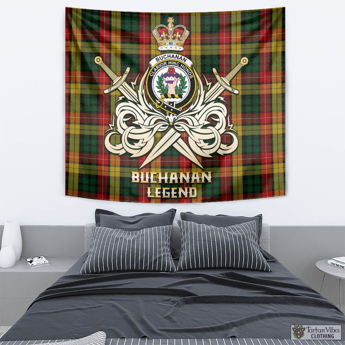 Tartan Vibes Clothing Buchanan Tartan Tapestry with Clan Crest and the Golden Sword of Courageous Legacy