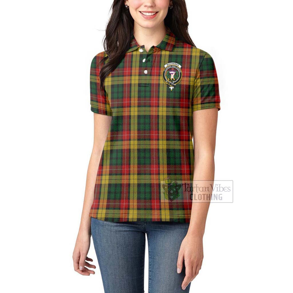 Tartan Vibes Clothing Buchanan Tartan Women's Polo Shirt with Family Crest and Bearded Skull Holding Bottles of Whiskey