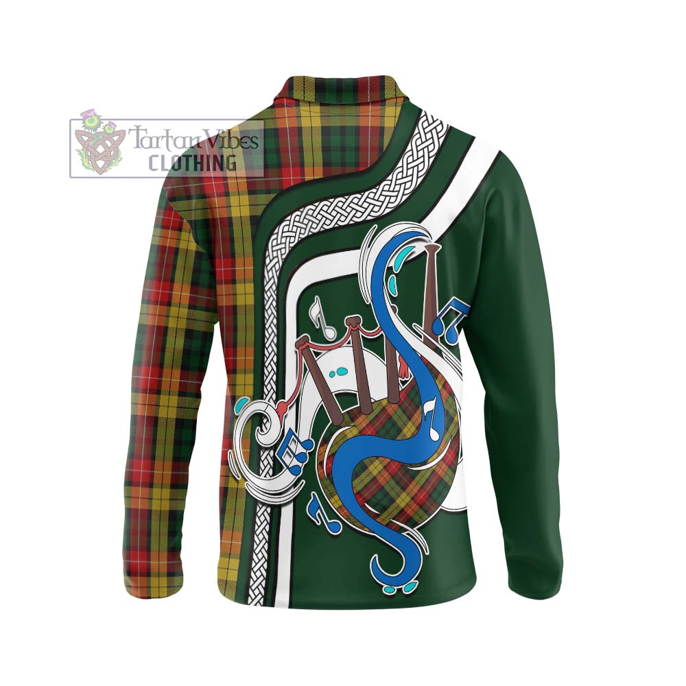 Tartan Vibes Clothing Buchanan Tartan Long Sleeve Polo Shirt with Epic Bagpipe Style