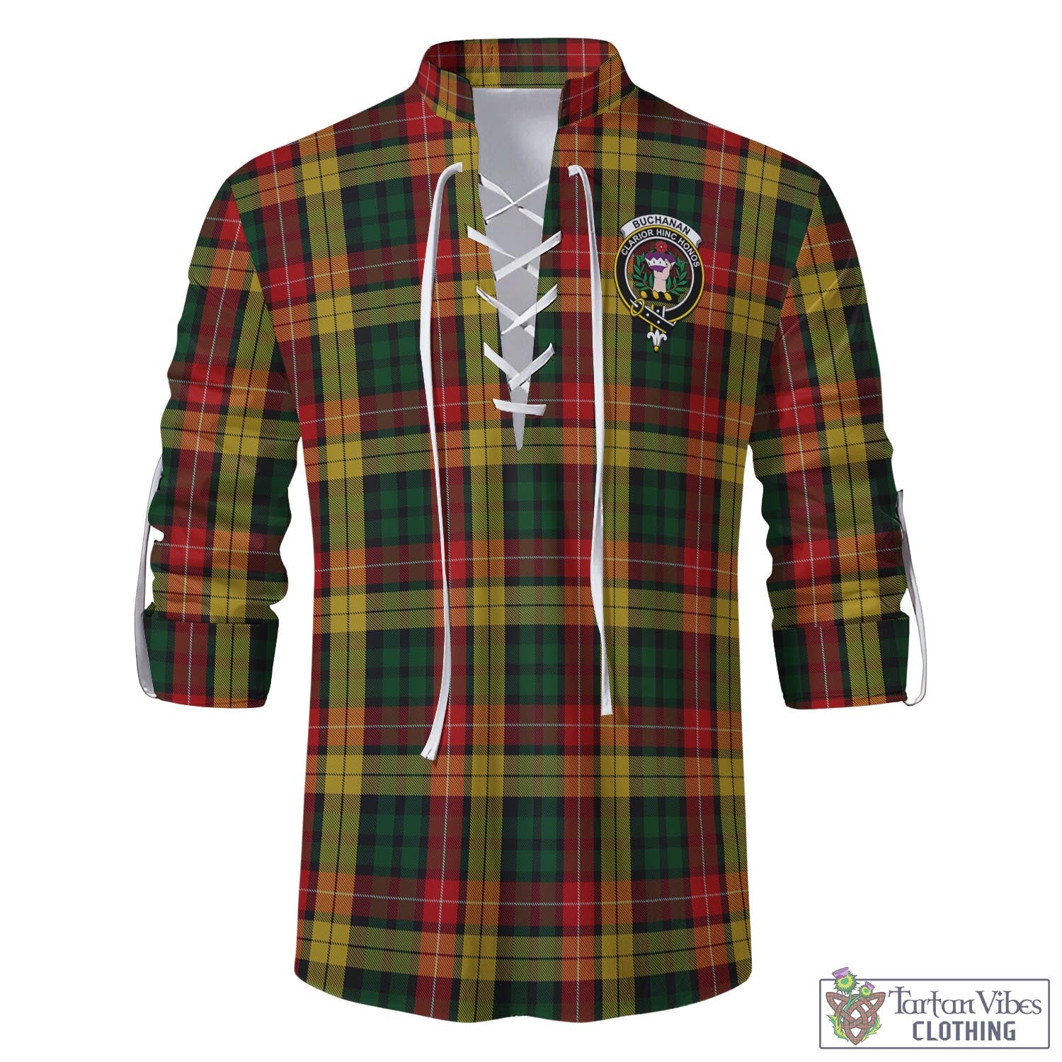 Tartan Vibes Clothing Buchanan Tartan Men's Scottish Traditional Jacobite Ghillie Kilt Shirt with Family Crest