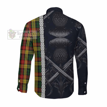 Buchanan Tartan Long Sleeve Button Shirt with Family Crest Cross Sword Thistle Celtic Vibes Men's Shirt - Tartan Vibes Clothing