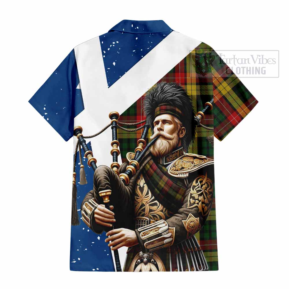 Tartan Vibes Clothing Buchanan Tartan Short Sleeve Button Shirt with Family Crest Scottish Bagpiper Vibes