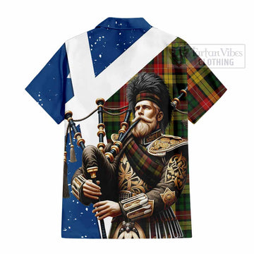 Buchanan Tartan Short Sleeve Button Shirt with Family Crest Scottish Bagpiper Vibes