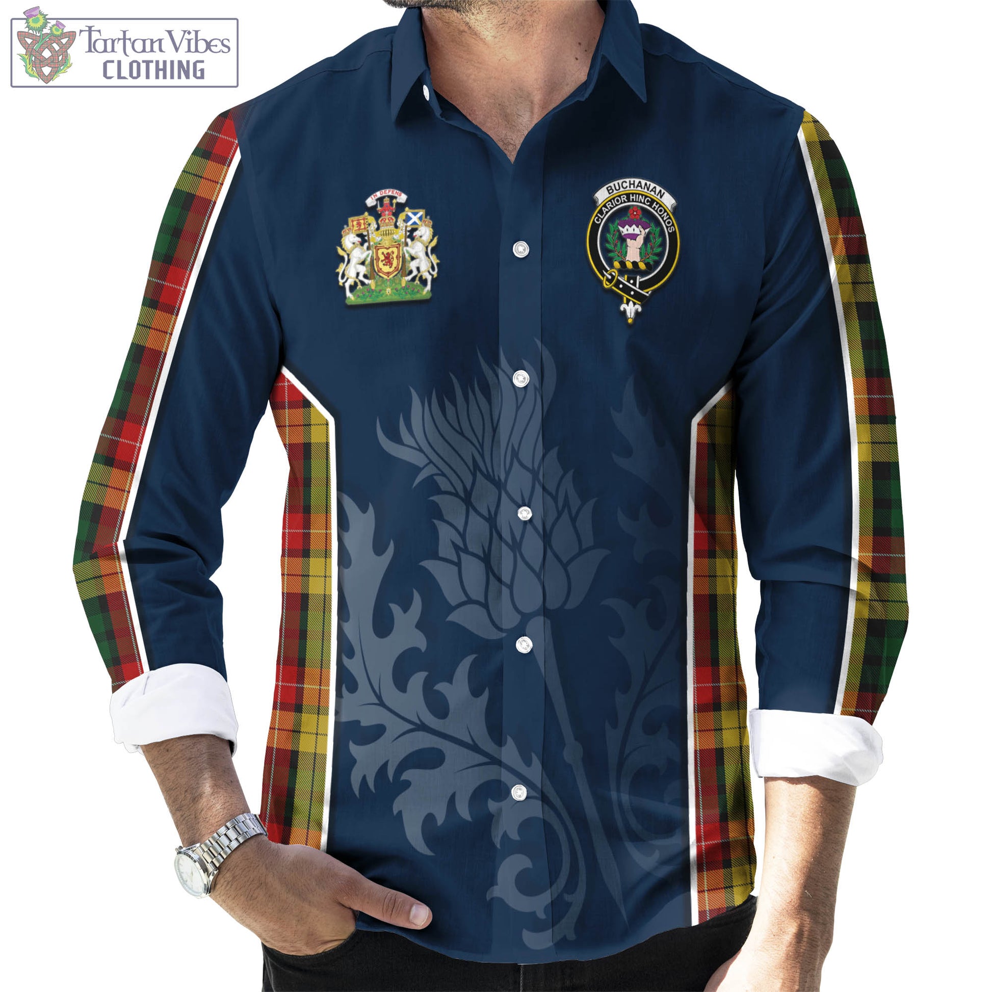 Tartan Vibes Clothing Buchanan Tartan Long Sleeve Button Up Shirt with Family Crest and Scottish Thistle Vibes Sport Style