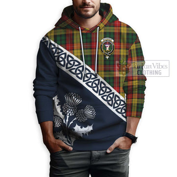 Buchanan Tartan Hoodie Featuring Thistle and Scotland Map