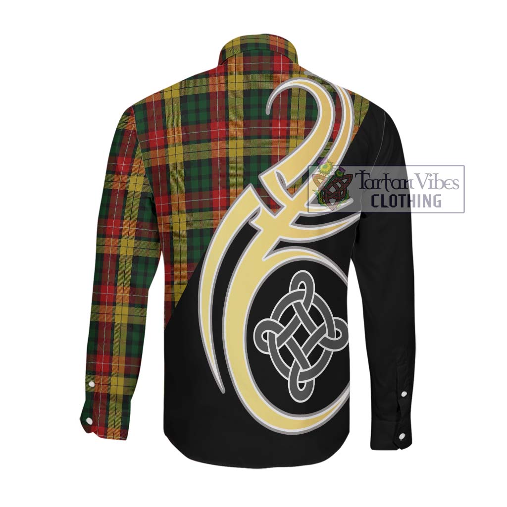 Buchanan Tartan Long Sleeve Button Shirt with Family Crest and Celtic Symbol Style Men's Shirt - Tartan Vibes Clothing