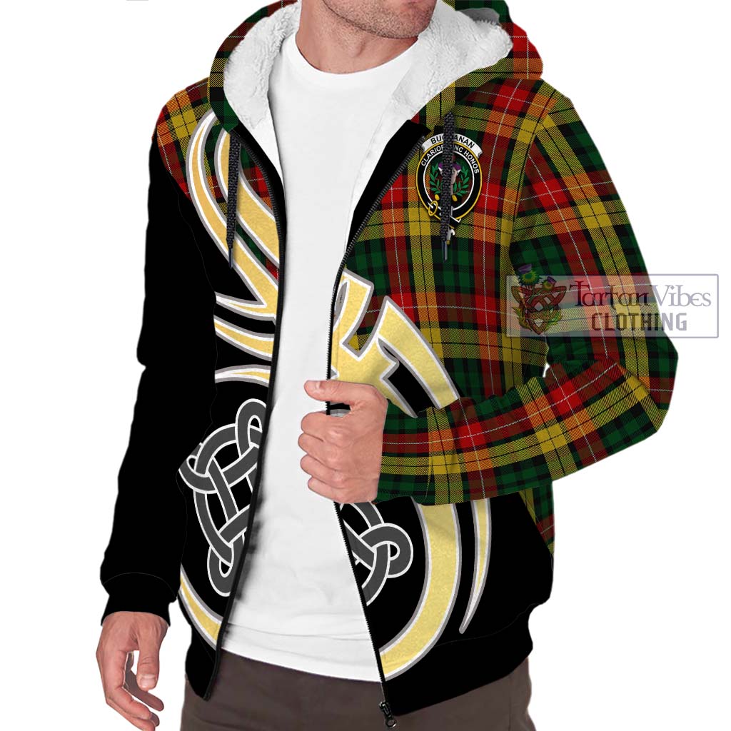 Buchanan Tartan Sherpa Hoodie with Family Crest and Celtic Symbol Style - Tartan Vibes Clothing