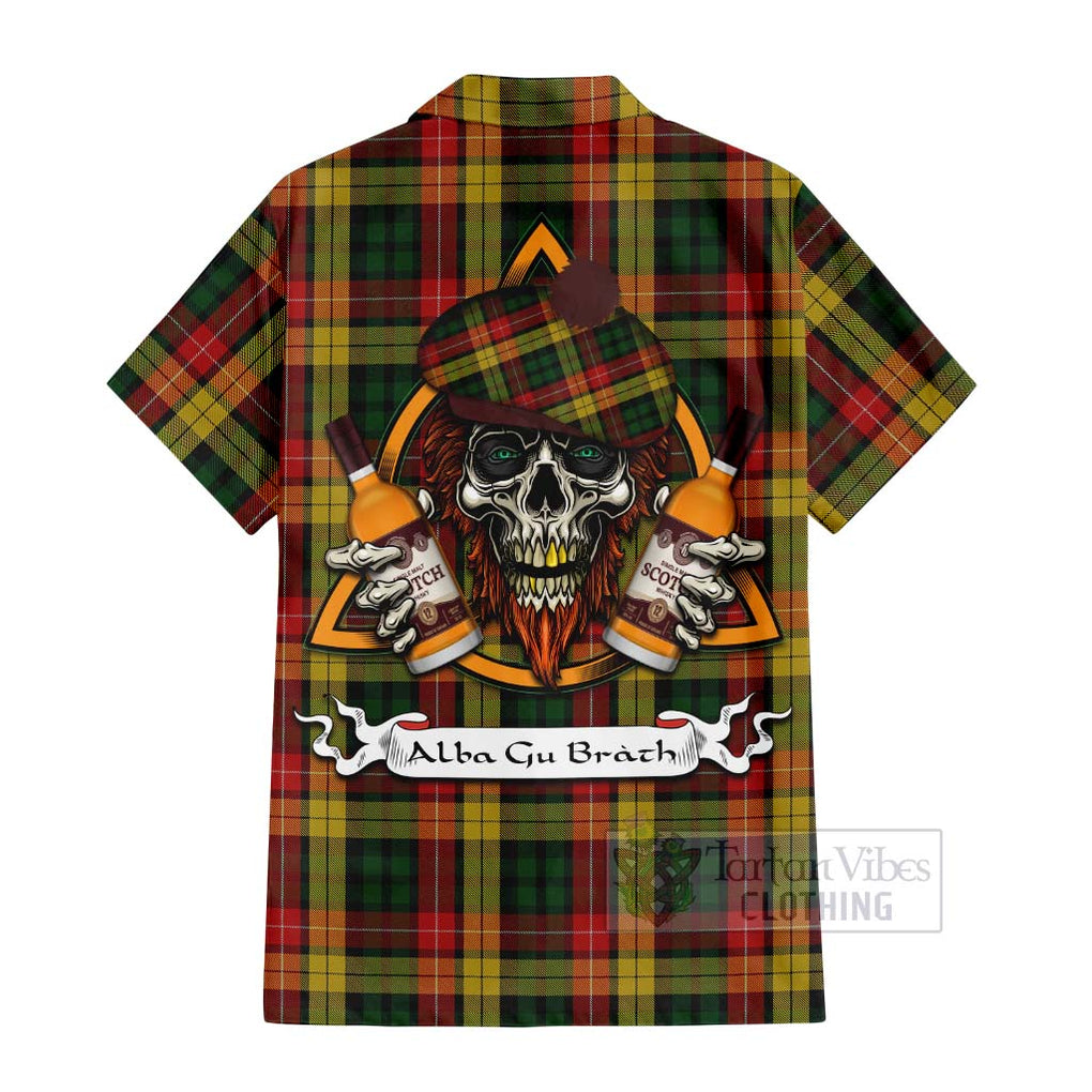 Tartan Vibes Clothing Buchanan Tartan Short Sleeve Button Shirt with Family Crest and Bearded Skull Holding Bottles of Whiskey