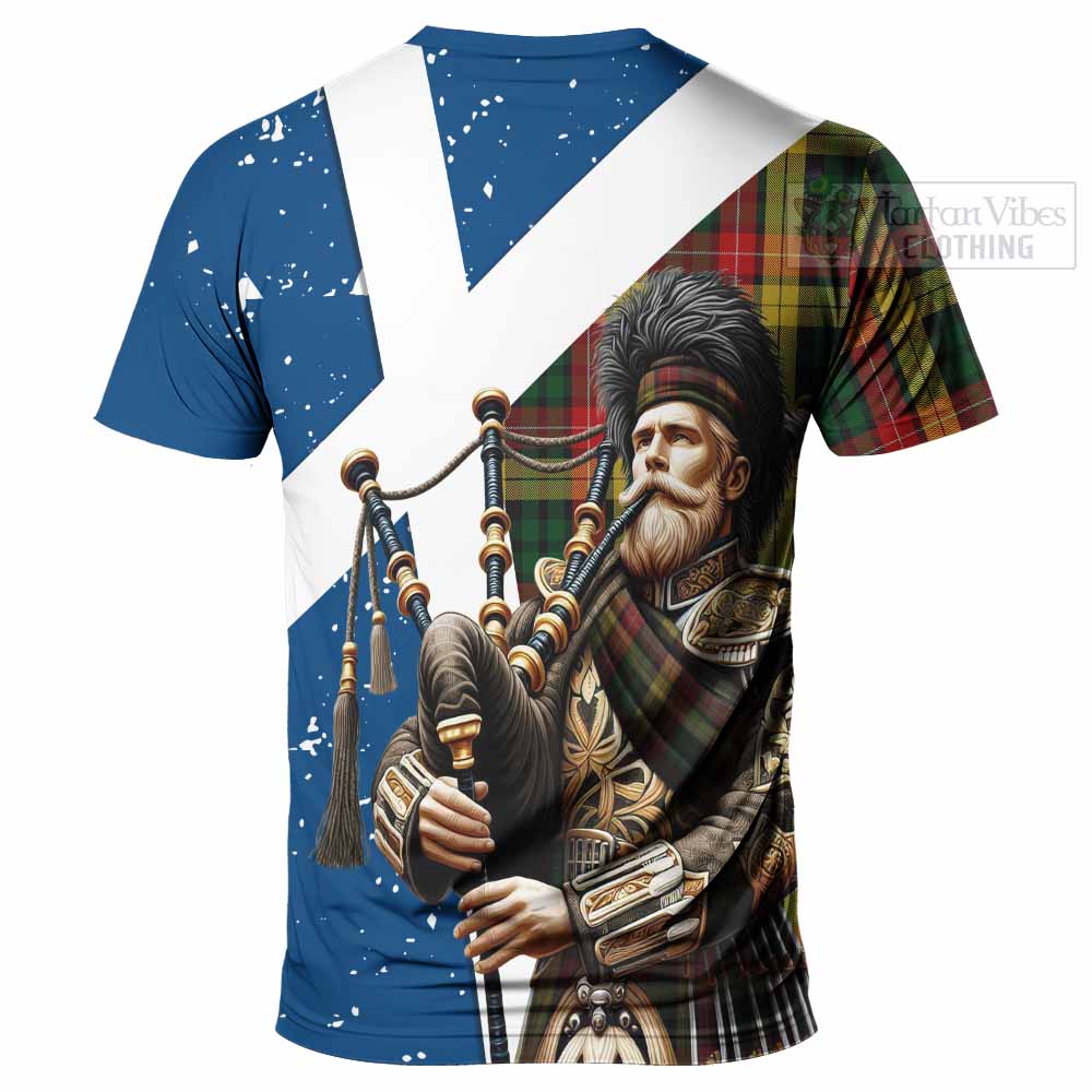 Tartan Vibes Clothing Buchanan Tartan T-Shirt with Family Crest Scottish Bagpiper Vibes