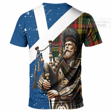 Buchanan Tartan T-Shirt with Family Crest Scottish Bagpiper Vibes