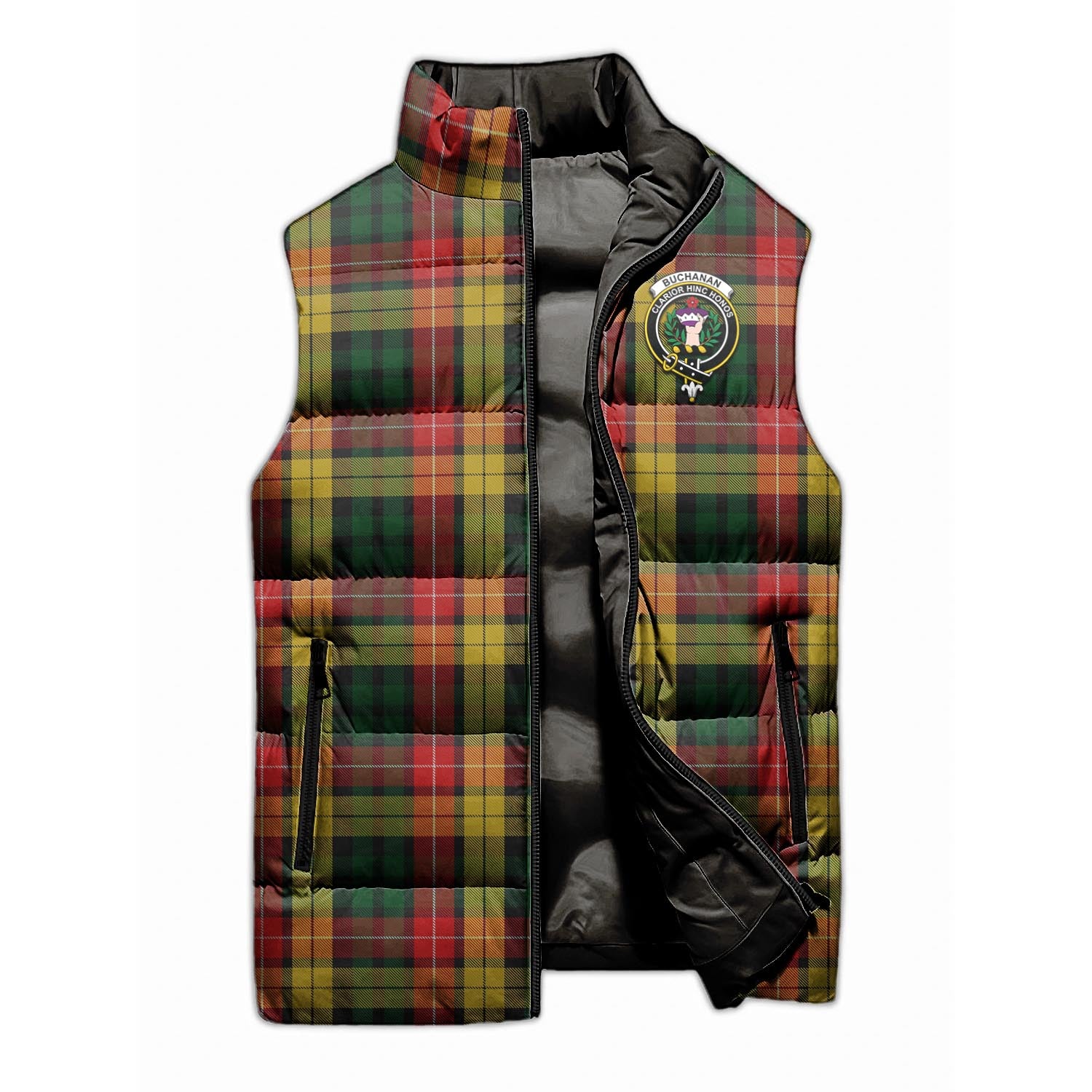 Buchanan Tartan Sleeveless Puffer Jacket with Family Crest - Tartanvibesclothing