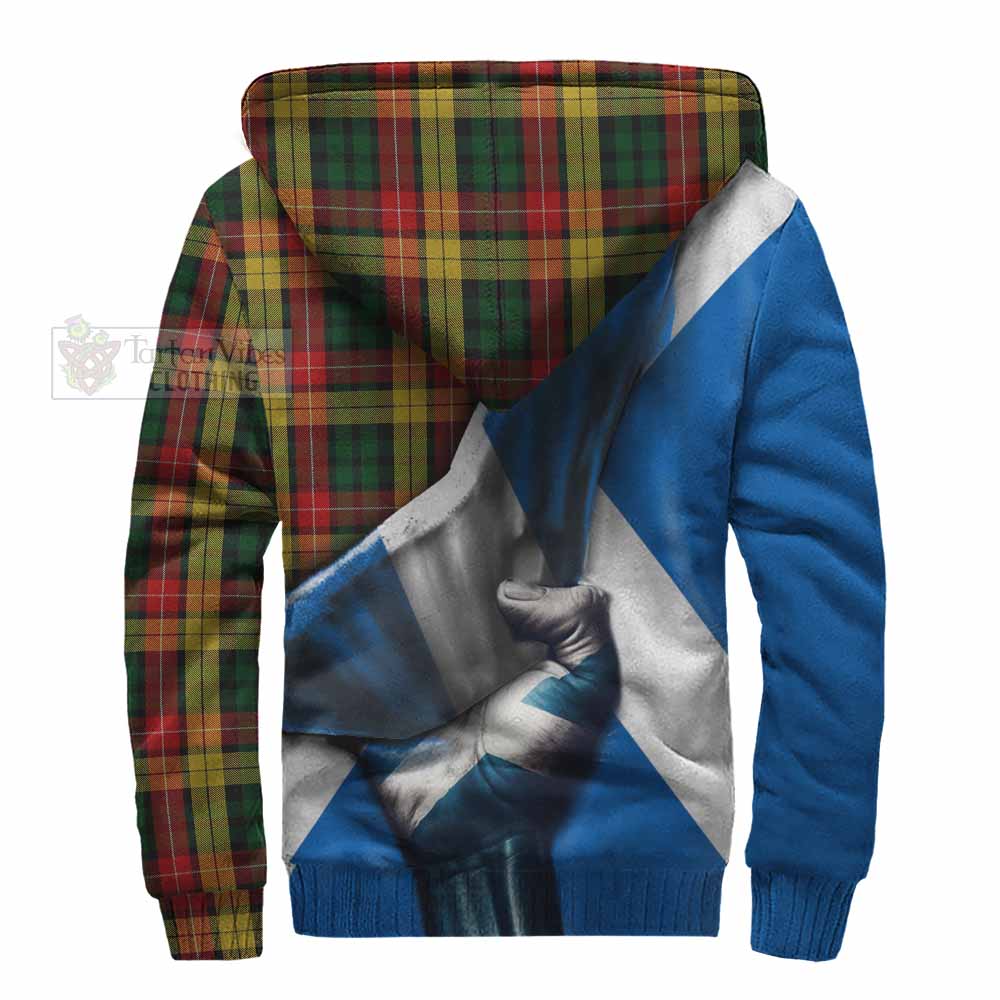 Tartan Vibes Clothing Buchanan Tartan Sherpa Hoodie with Family Crest Scotland Patriotic Style