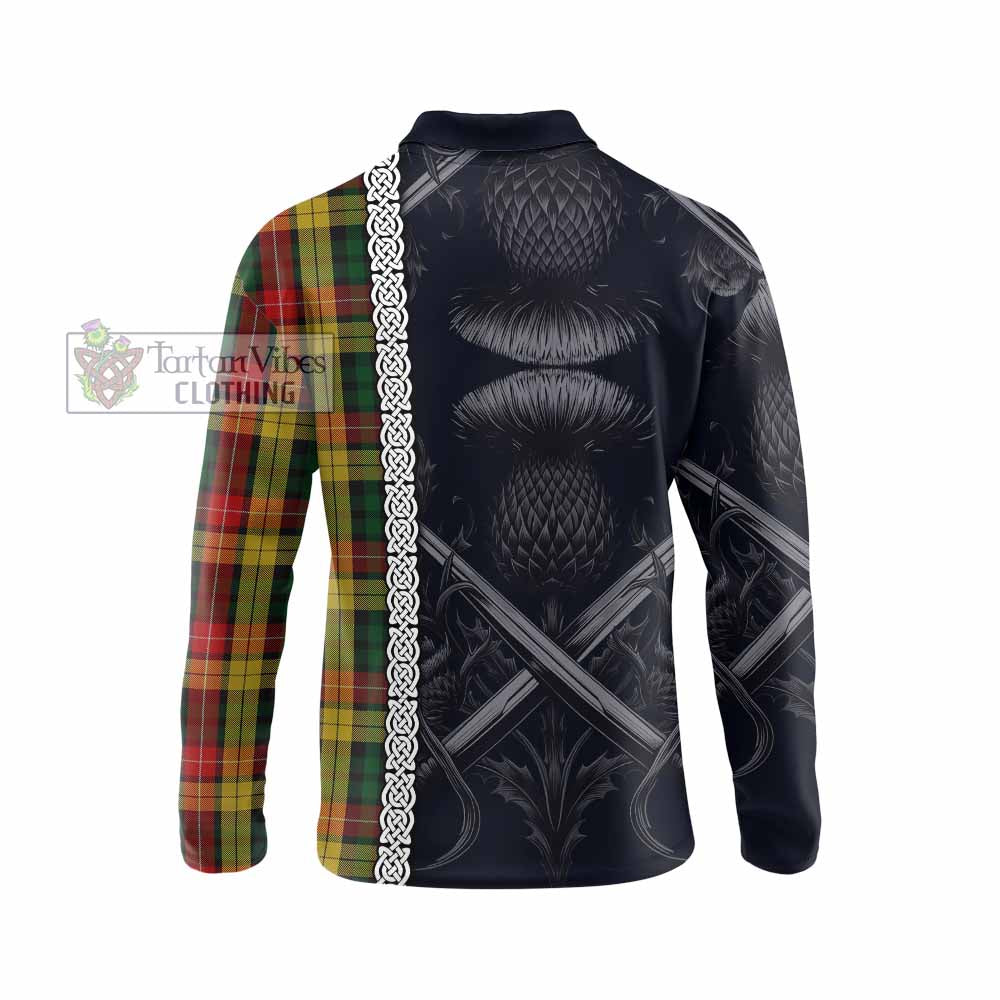 Buchanan Tartan Long Sleeve Polo Shirt with Family Crest Cross Sword Thistle Celtic Vibes - Tartan Vibes Clothing
