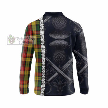 Buchanan Tartan Long Sleeve Polo Shirt with Family Crest Cross Sword Thistle Celtic Vibes