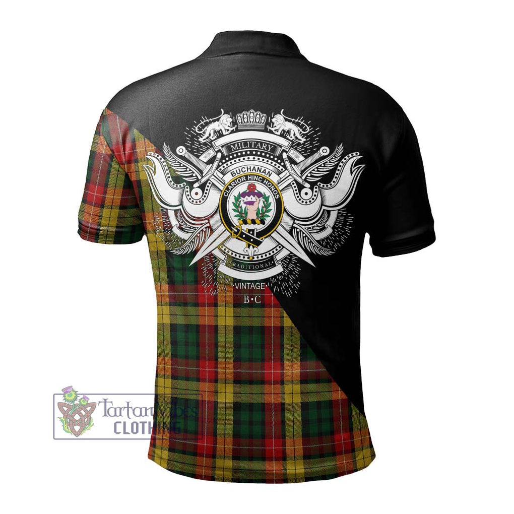 Buchanan Tartan Polo Shirt with Family Crest and Military Logo Style - Tartanvibesclothing Shop