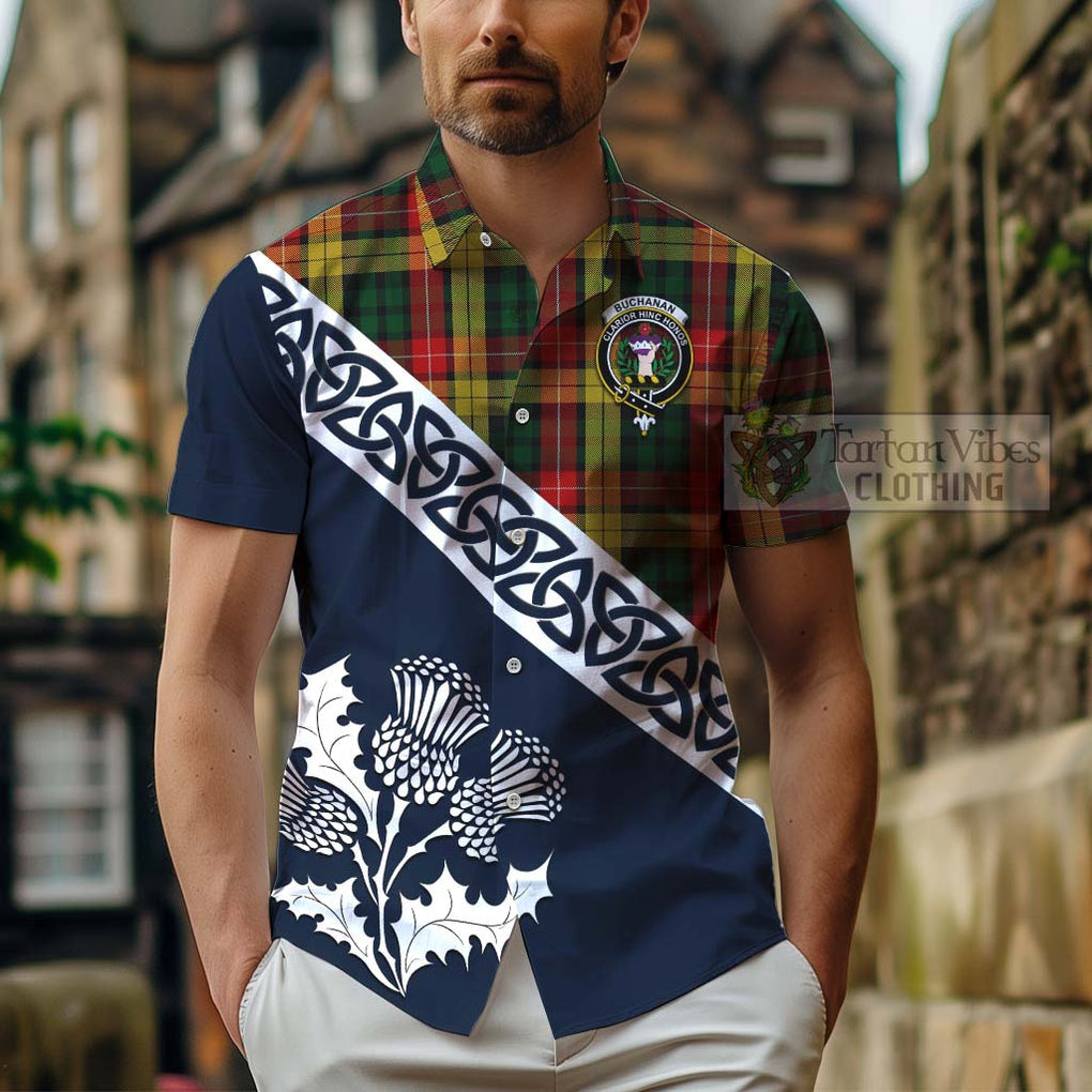 Tartan Vibes Clothing Buchanan Tartan Short Sleeve Button Shirt Featuring Thistle and Scotland Map