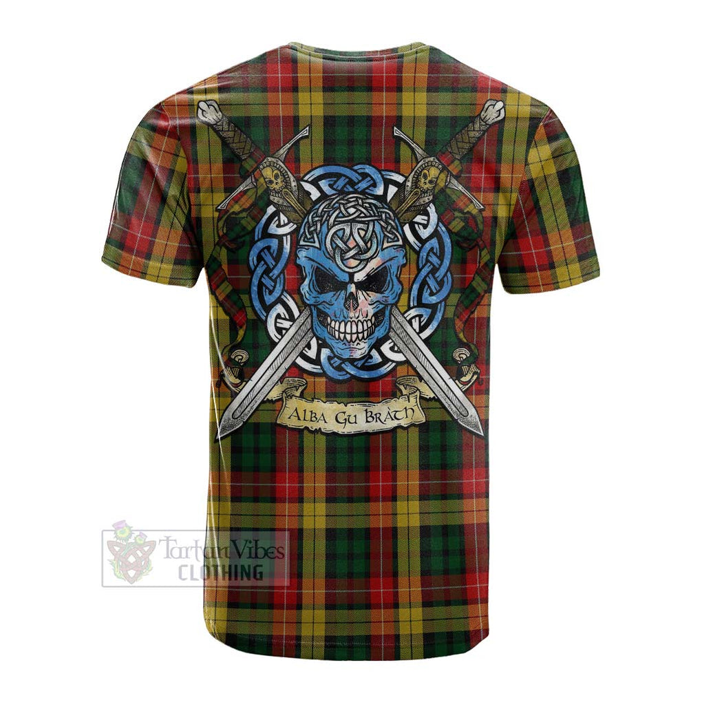 Tartan Vibes Clothing Buchanan Tartan Cotton T-shirt with Family Crest Celtic Skull Style