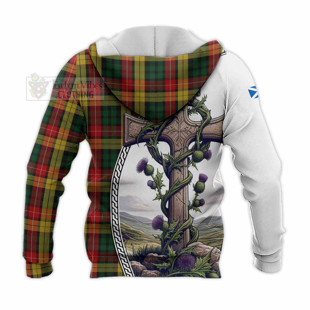 Tartan Vibes Clothing Buchanan Tartan Knitted Hoodie with Family Crest and St. Andrew's Cross Accented by Thistle Vines