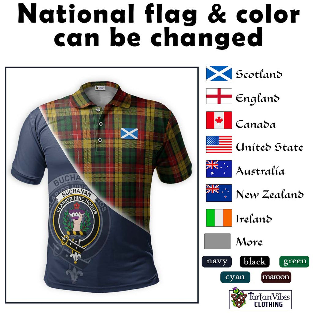 Buchanan Tartan Polo Shirt with Personalised National Flag and Family Crest Half Style - Tartanvibesclothing Shop