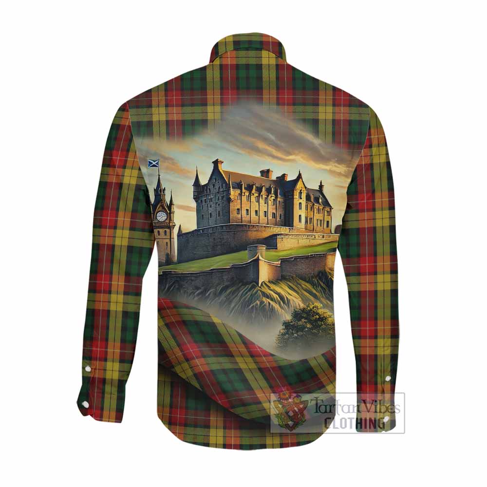 Buchanan Tartan Family Crest Long Sleeve Button Shirt with Scottish Ancient Castle Style Men's Shirt - Tartan Vibes Clothing