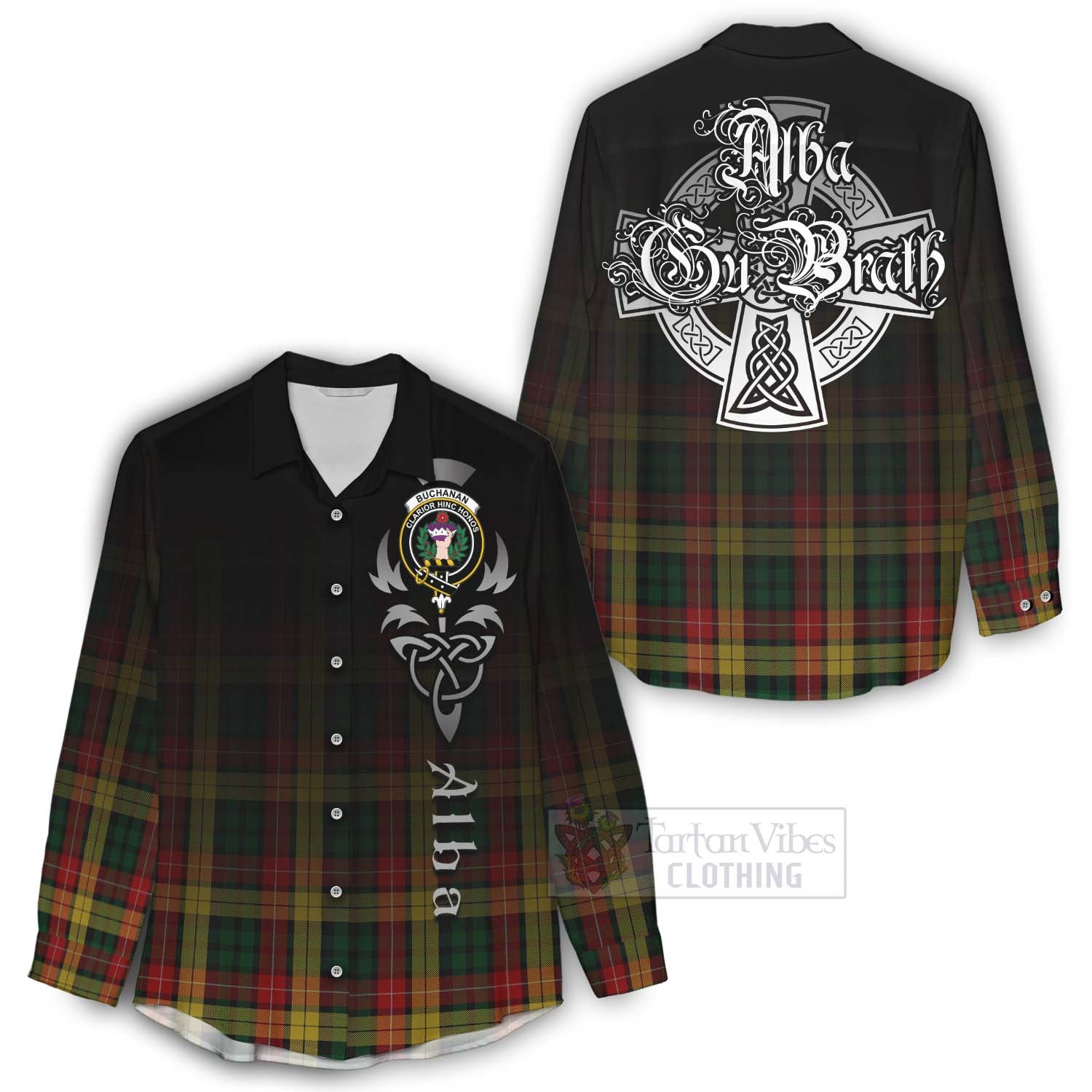 Tartan Vibes Clothing Buchanan Tartan Women's Casual Shirt Featuring Alba Gu Brath Family Crest Celtic Inspired