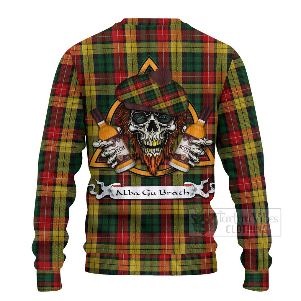 Tartan Vibes Clothing Buchanan Tartan Knitted Sweater with Family Crest and Bearded Skull Holding Bottles of Whiskey