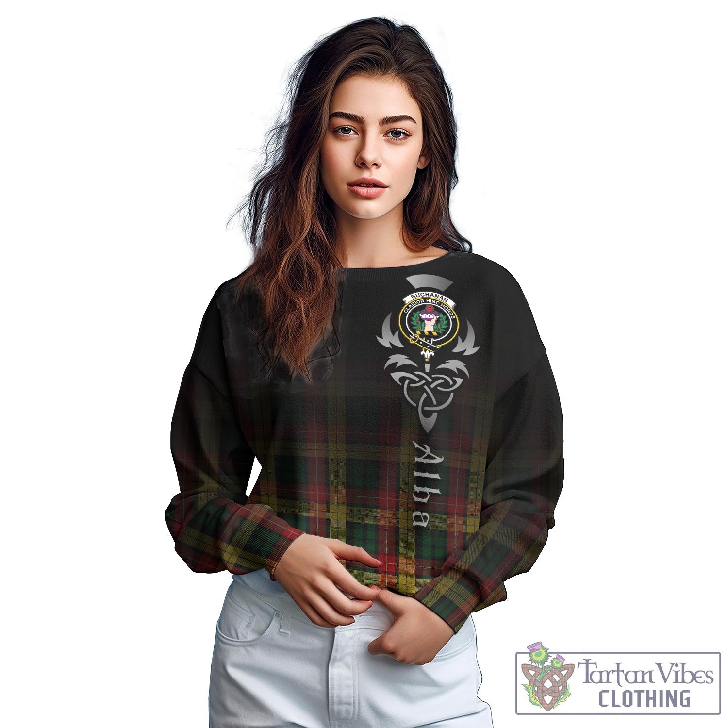 Tartan Vibes Clothing Buchanan Tartan Sweatshirt Featuring Alba Gu Brath Family Crest Celtic Inspired