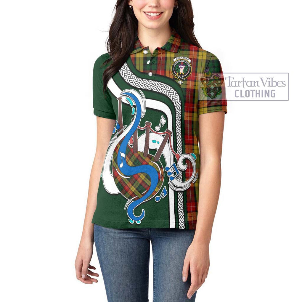 Buchanan Tartan Women's Polo Shirt with Epic Bagpipe Style - Tartanvibesclothing Shop