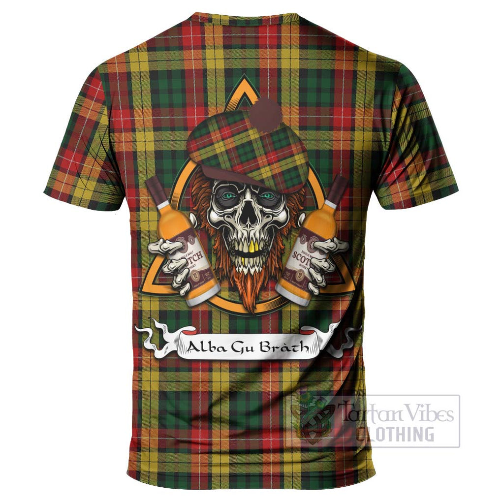 Tartan Vibes Clothing Buchanan Tartan T-Shirt with Family Crest and Bearded Skull Holding Bottles of Whiskey