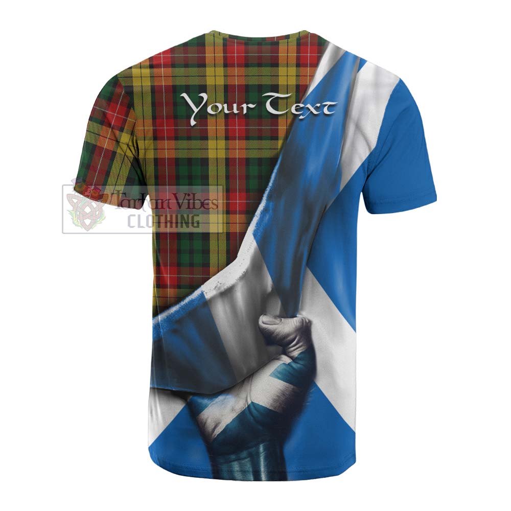 Tartan Vibes Clothing Buchanan Tartan Cotton T-shirt with Family Crest Scotland Patriotic Style