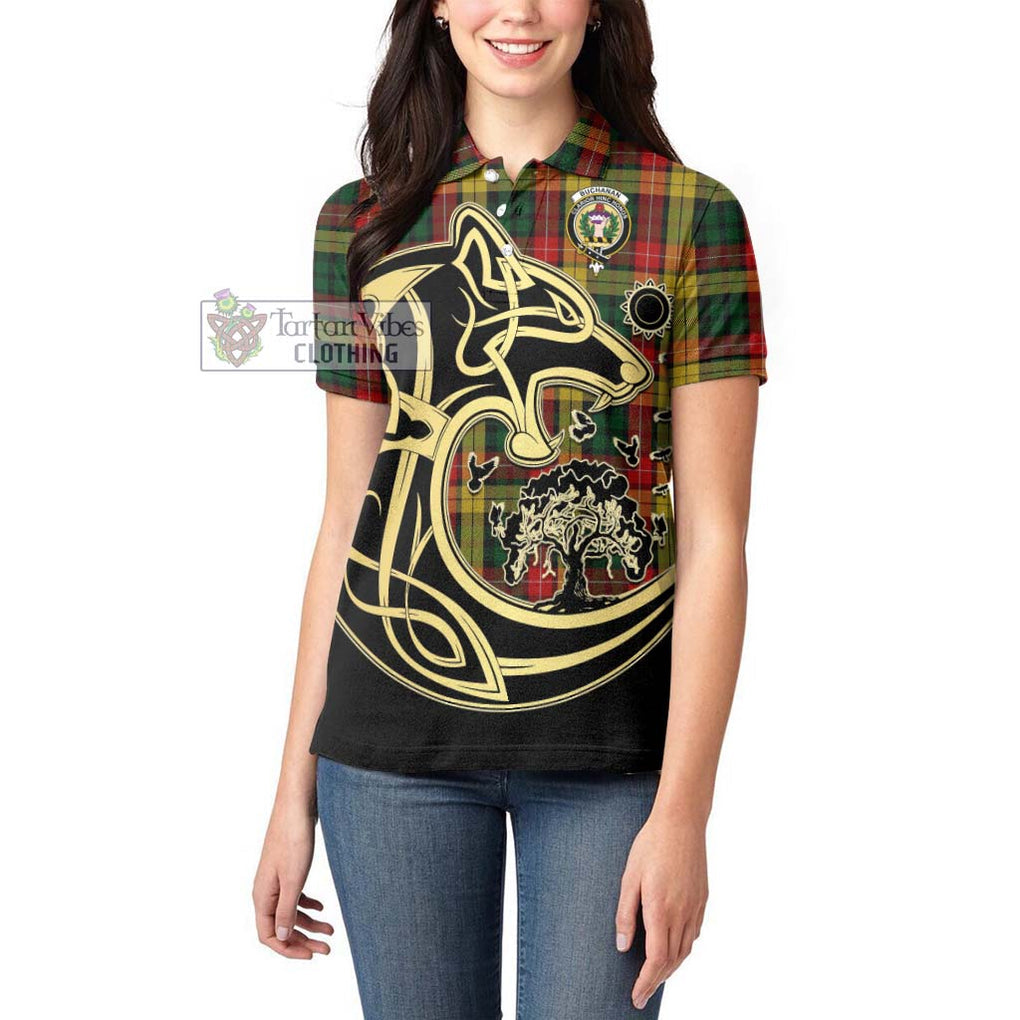 Buchanan Tartan Women's Polo Shirt with Family Crest Celtic Wolf Style - Tartanvibesclothing Shop