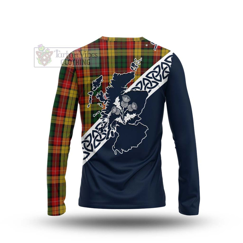 Tartan Vibes Clothing Buchanan Tartan Long Sleeve T-Shirt Featuring Thistle and Scotland Map