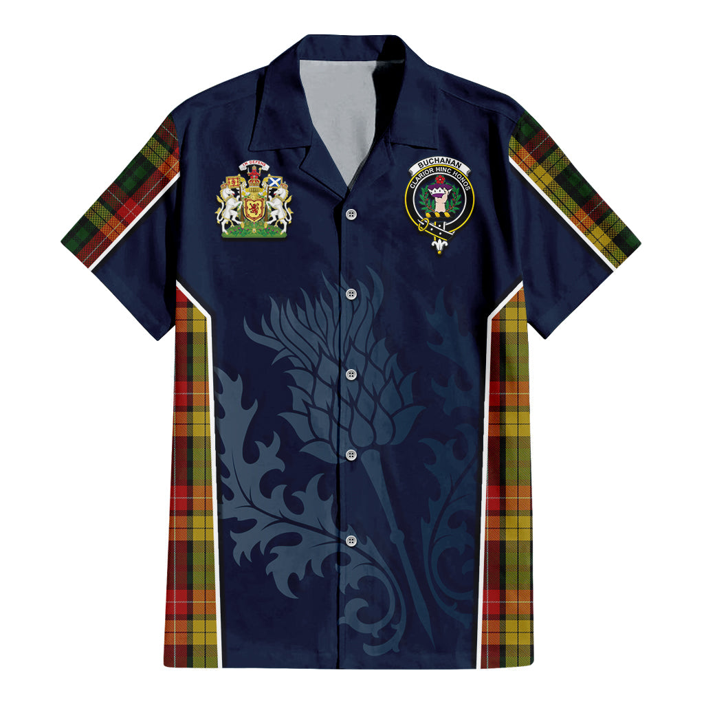 Tartan Vibes Clothing Buchanan Tartan Short Sleeve Button Up Shirt with Family Crest and Scottish Thistle Vibes Sport Style