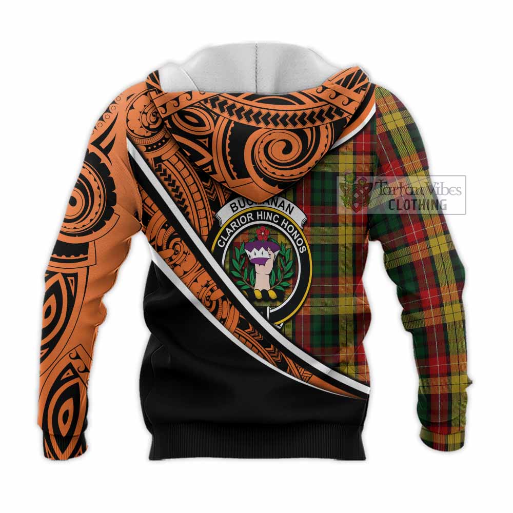 Tartan Vibes Clothing Buchanan Crest Tartan Knitted Hoodie with Maori Tattoo Style - Orange Version