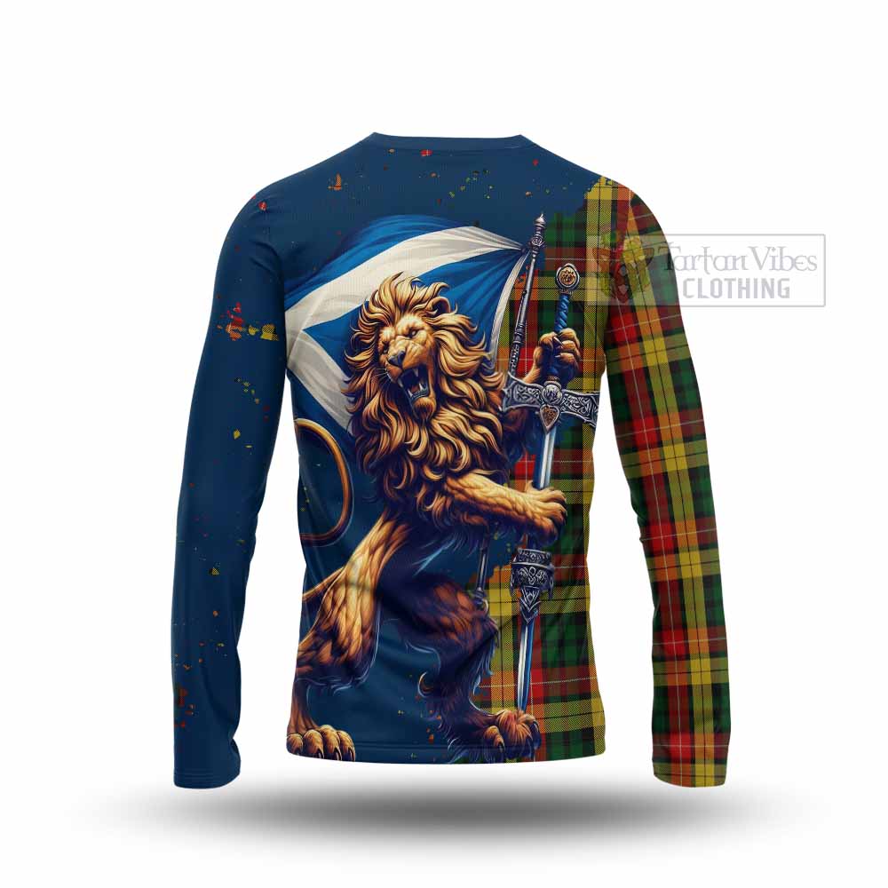 Tartan Vibes Clothing Buchanan Tartan Family Crest Long Sleeve T-Shirt with Scottish Majestic Lion