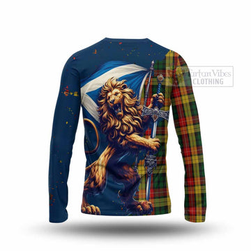 Buchanan Tartan Family Crest Long Sleeve T-Shirt with Scottish Majestic Lion