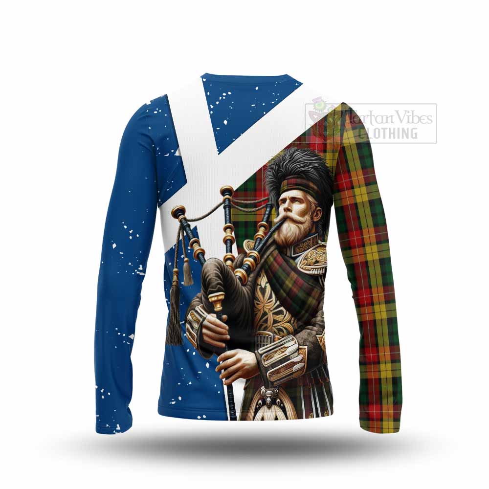 Tartan Vibes Clothing Buchanan Tartan Long Sleeve T-Shirt with Family Crest Scottish Bagpiper Vibes