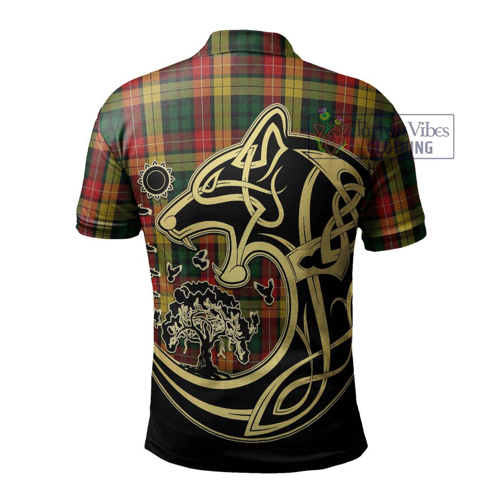 Buchanan Tartan Polo Shirt with Family Crest Celtic Wolf Style - Tartanvibesclothing Shop