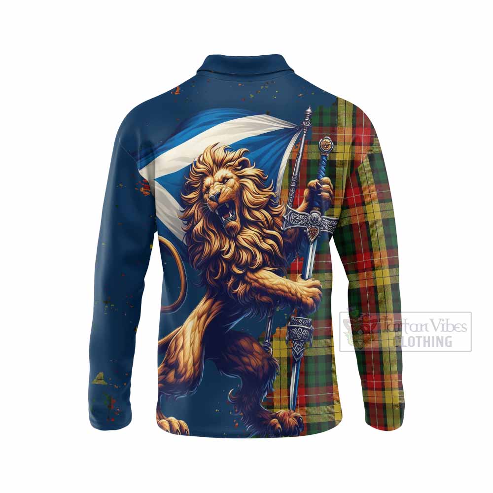 Tartan Vibes Clothing Buchanan Tartan Family Crest Long Sleeve Polo Shirt with Scottish Majestic Lion