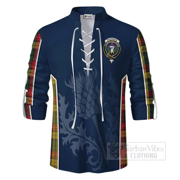 Buchanan Tartan Ghillie Kilt Shirt with Family Crest and Scottish Thistle Vibes Sport Style