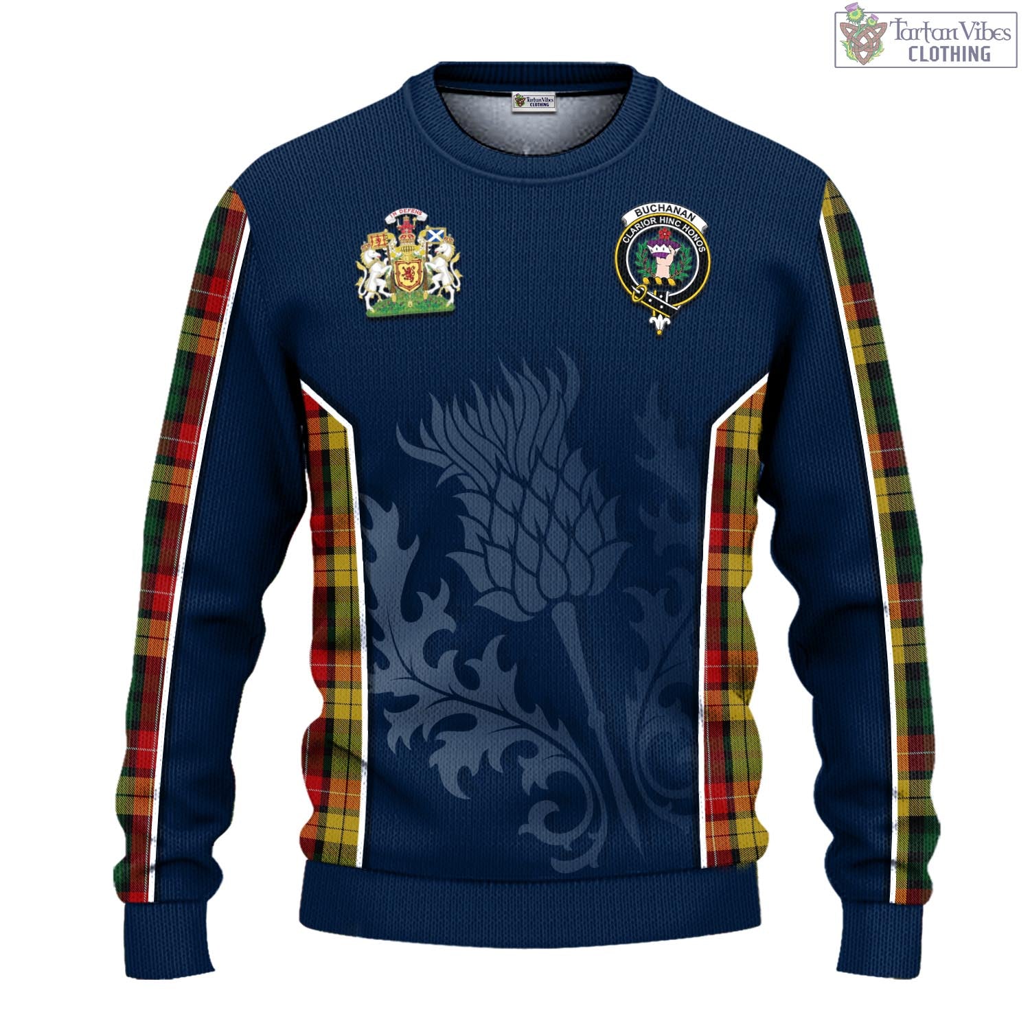 Tartan Vibes Clothing Buchanan Tartan Knitted Sweatshirt with Family Crest and Scottish Thistle Vibes Sport Style